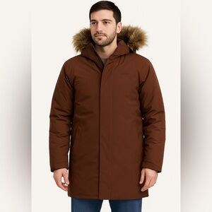 Moosejaw Men's Duck down walnut Brown Puffer Jacket Faux Fur hoodie size small